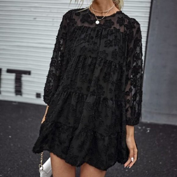 Black Floral Fuzzy Sheer Sleeve Ruffle Dress - Picture 7 of 7